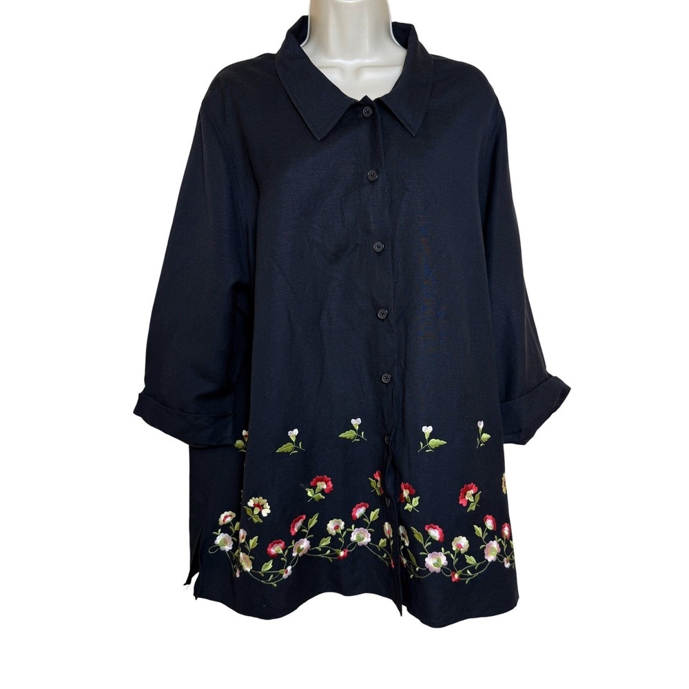 Larry Levine Woman Tunic Shirt Size 22W Black Floral Embroidered Linen Lagenlook